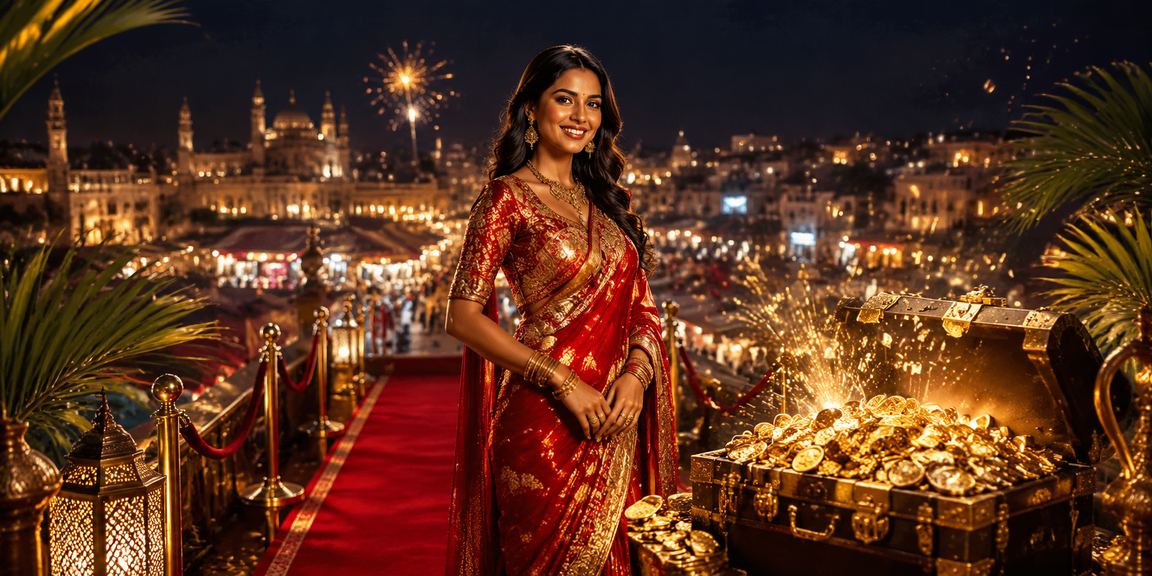Indian festive scene with traditional attire celebrating bonuses and rewards